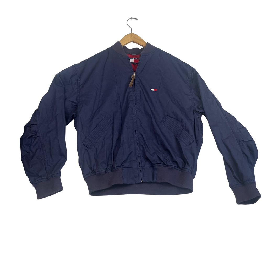Vintage Tommy Hilfiger Navy Blue Cotton Bomber Jacket Mens Medium Full Zip